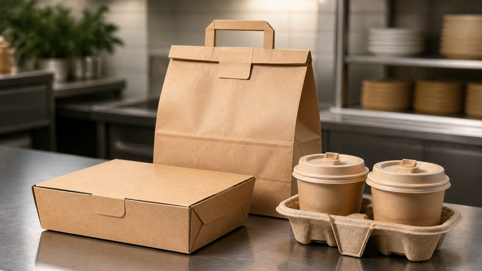 Closed kraft delivery bag, takeaway box, and two lidded drinks arranged for a clear handoff