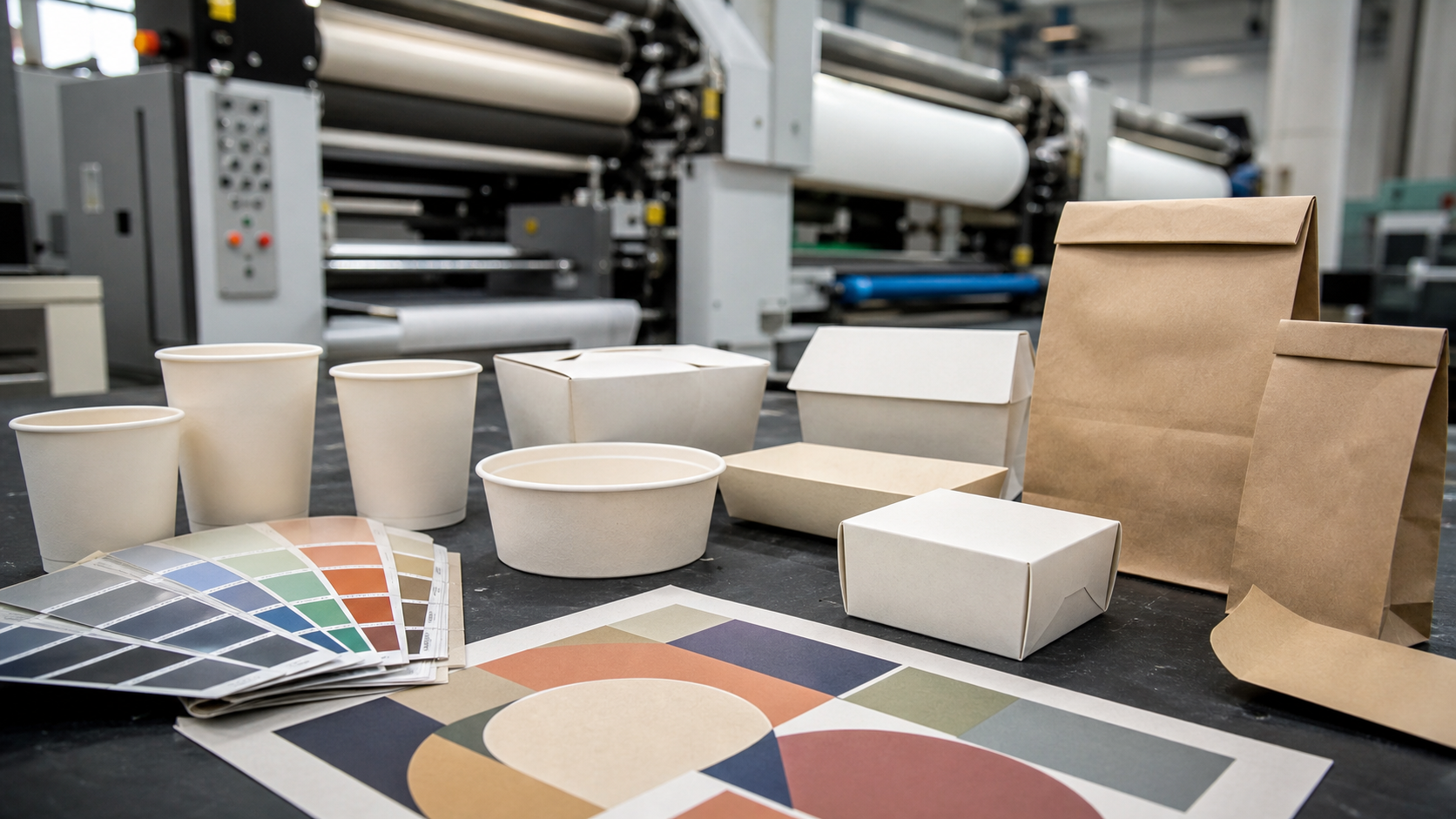 Unbranded food-service packaging and colour swatches arranged beside printing equipment for production review