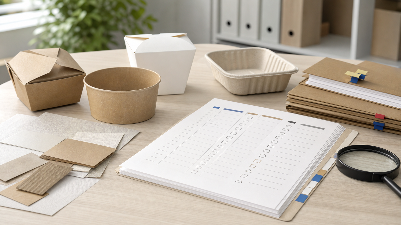 Takeaway packaging material samples and document checklist arranged for UK and EU compliance review