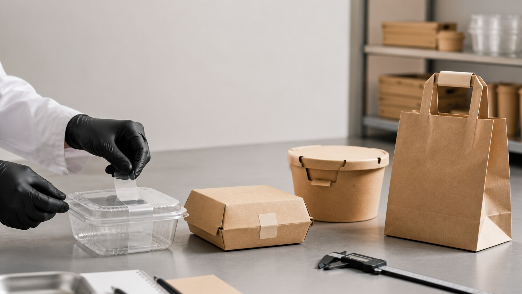 Worker applying a clear closure strip to a takeaway container beside alternative sealed boxes, bowl, and bag