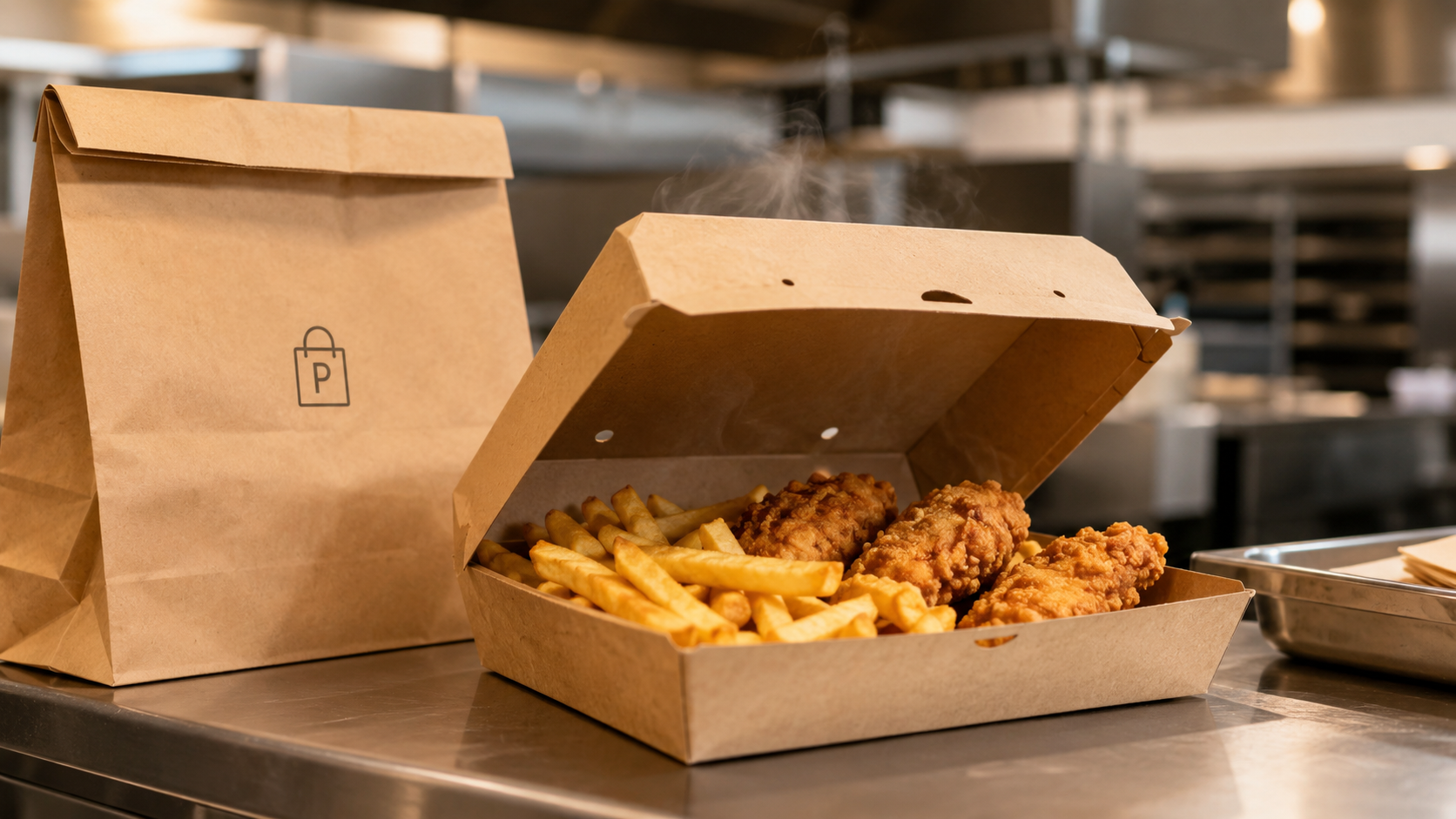Open vented kraft takeout box holding fried chicken and fries with visible steam