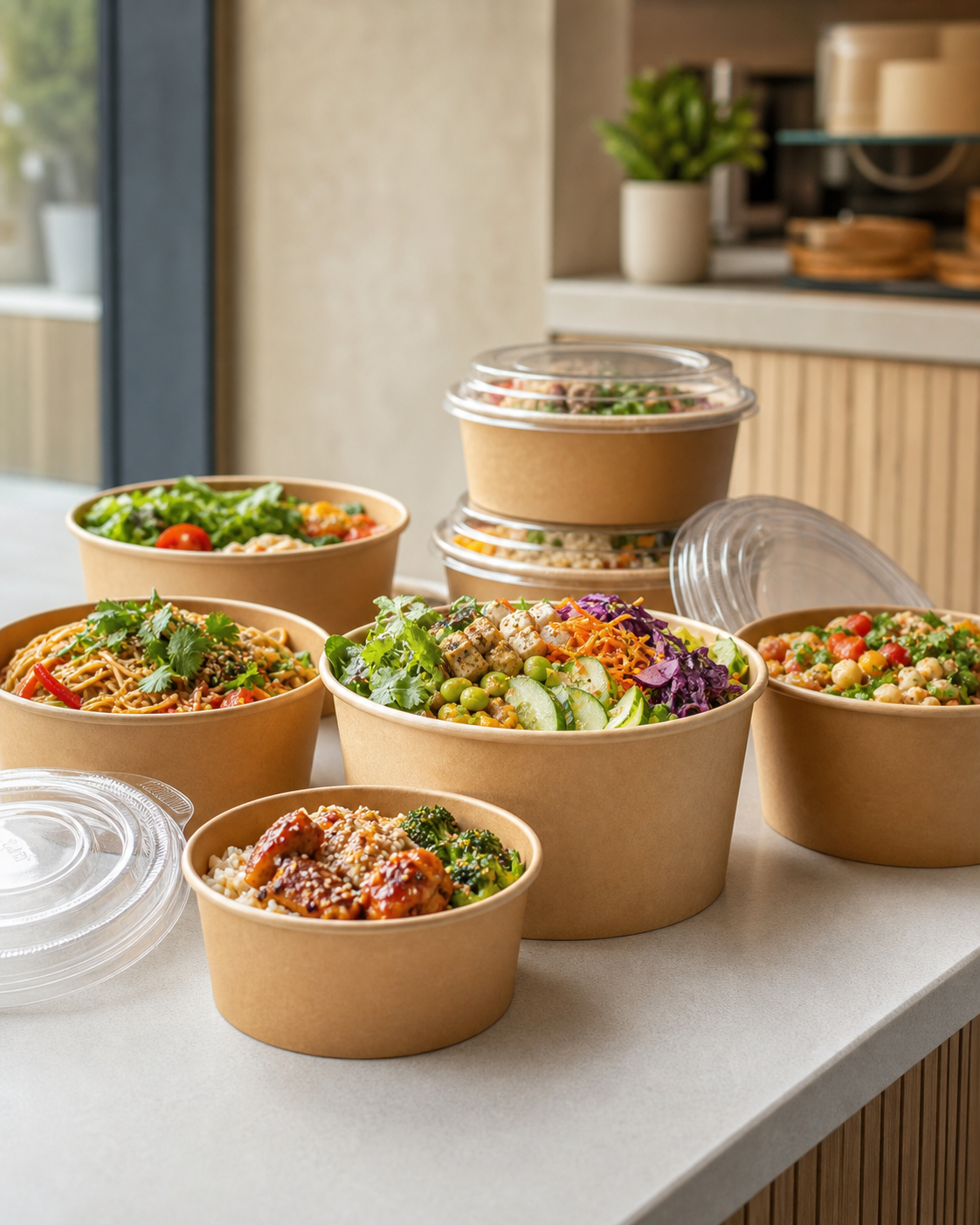 Bowls packaging in a foodservice use scene