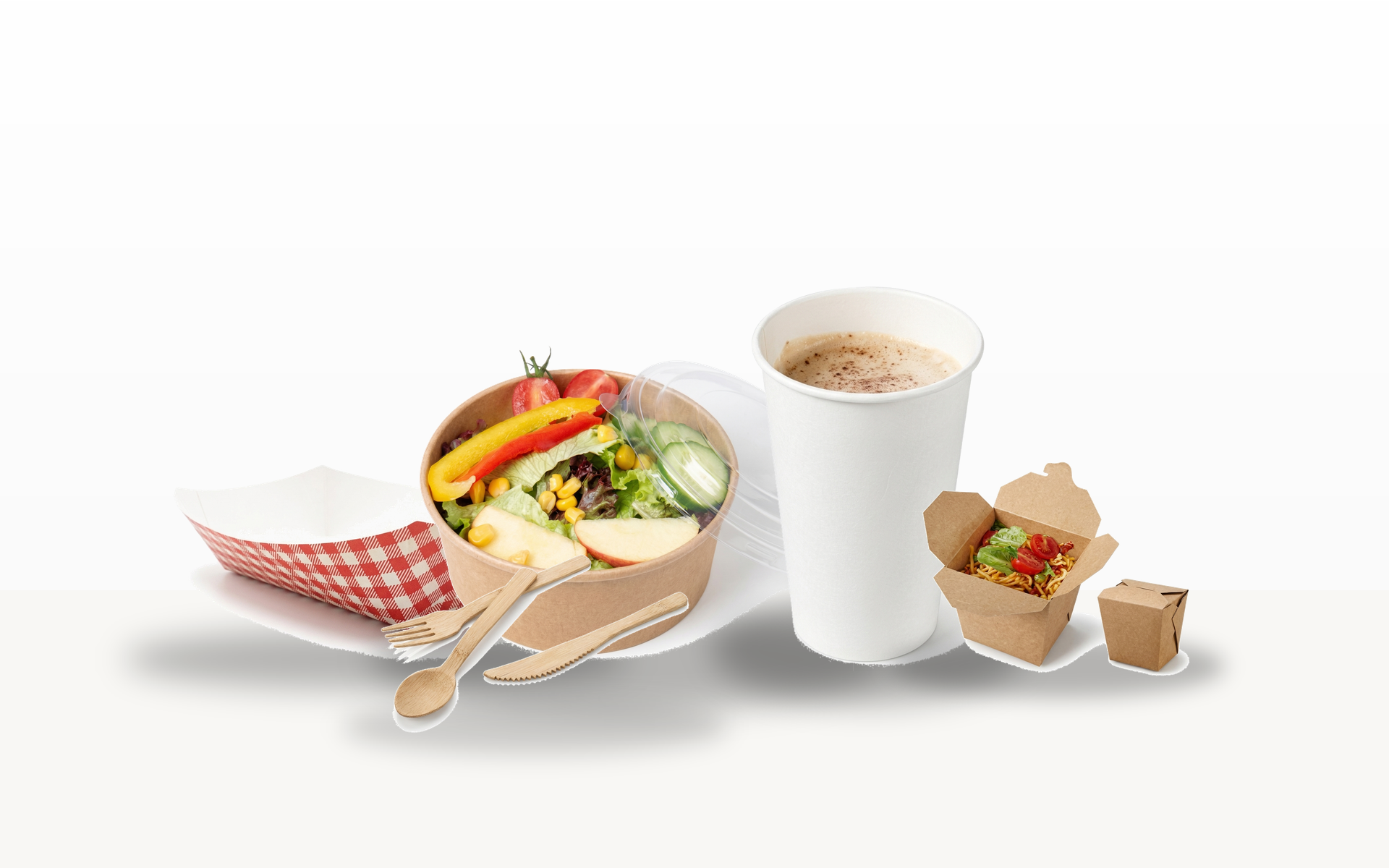 Unbranded takeaway food packaging hero scene arranged centrally on a neutral background
