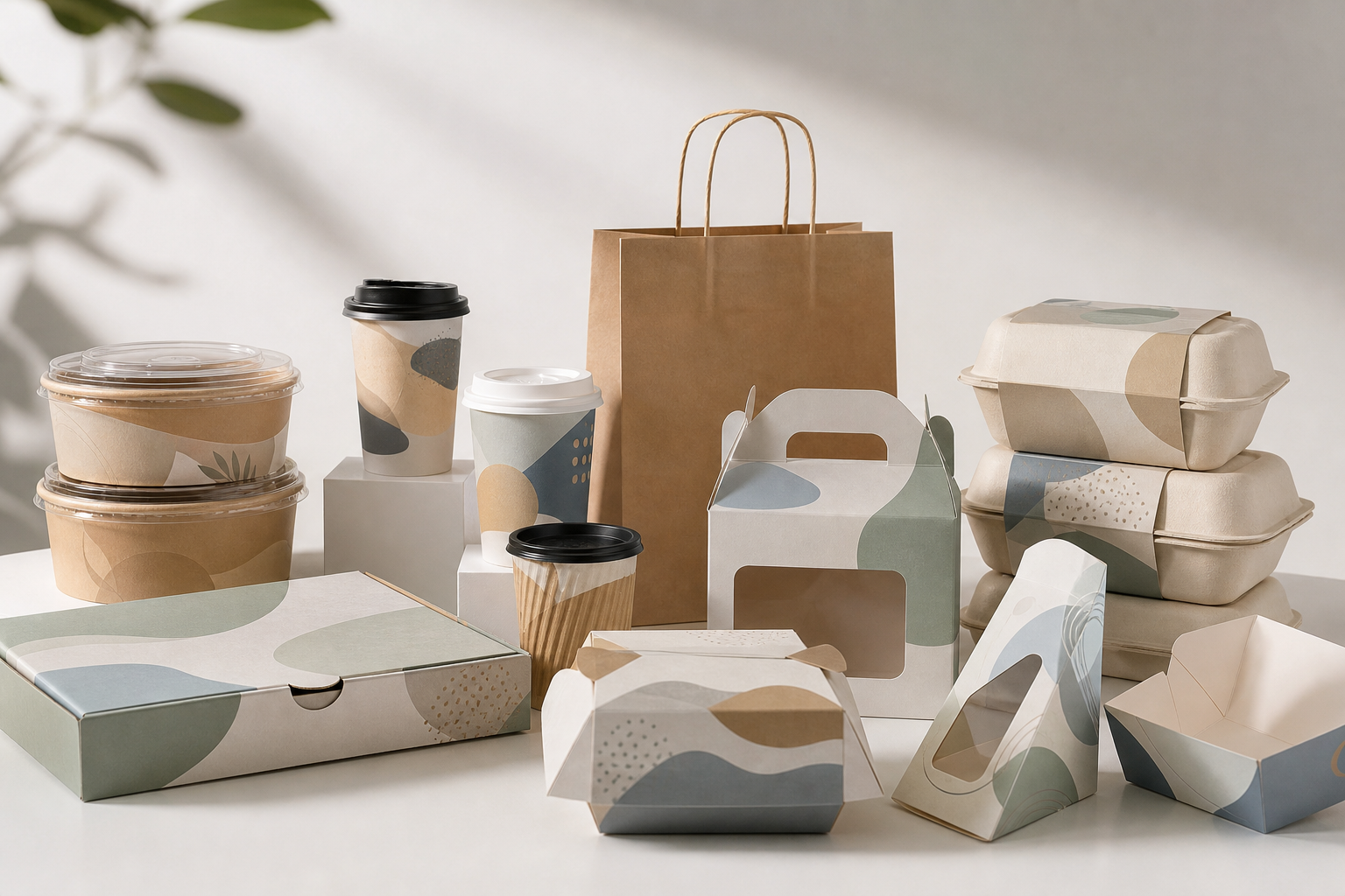 Custom printed takeaway packaging mockups and branded foodservice packs