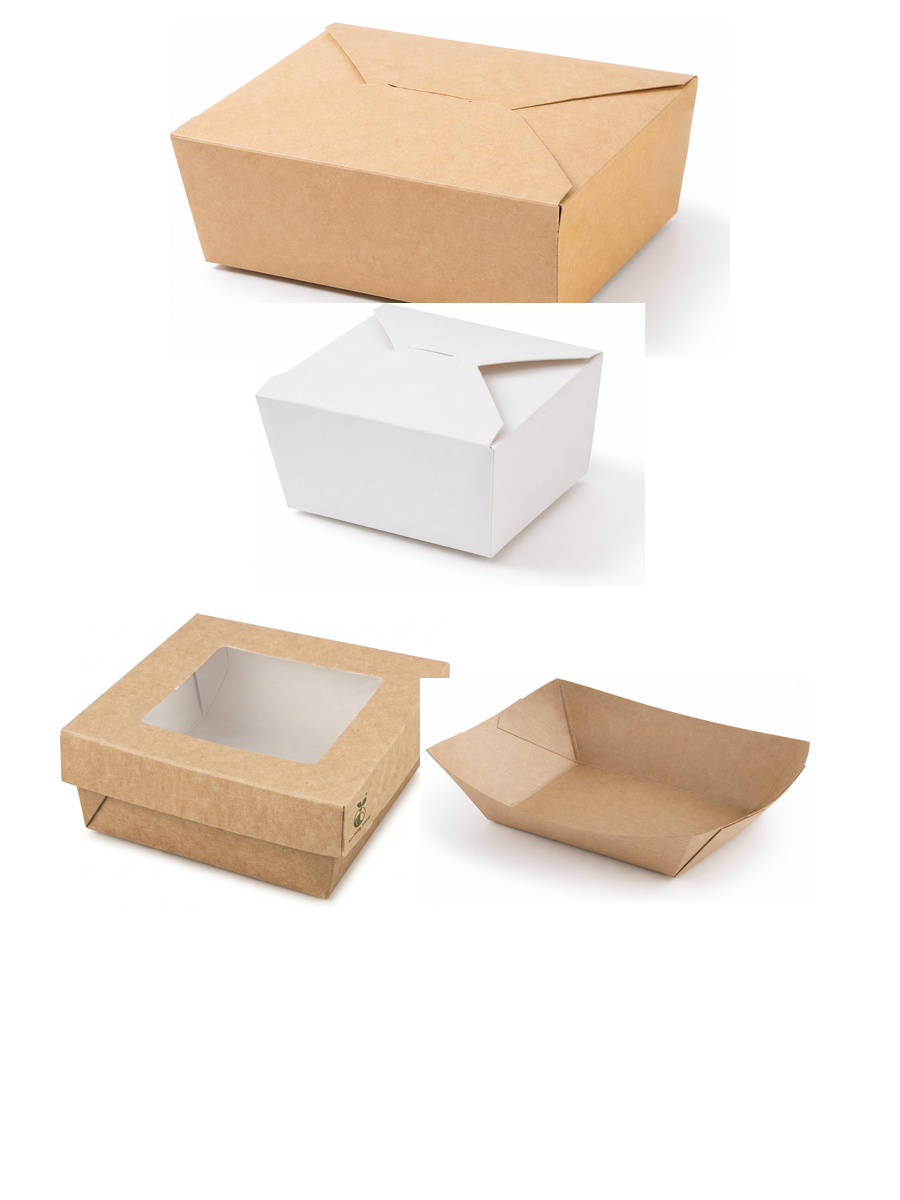 Unbranded food packaging boxes arranged centrally on a white background