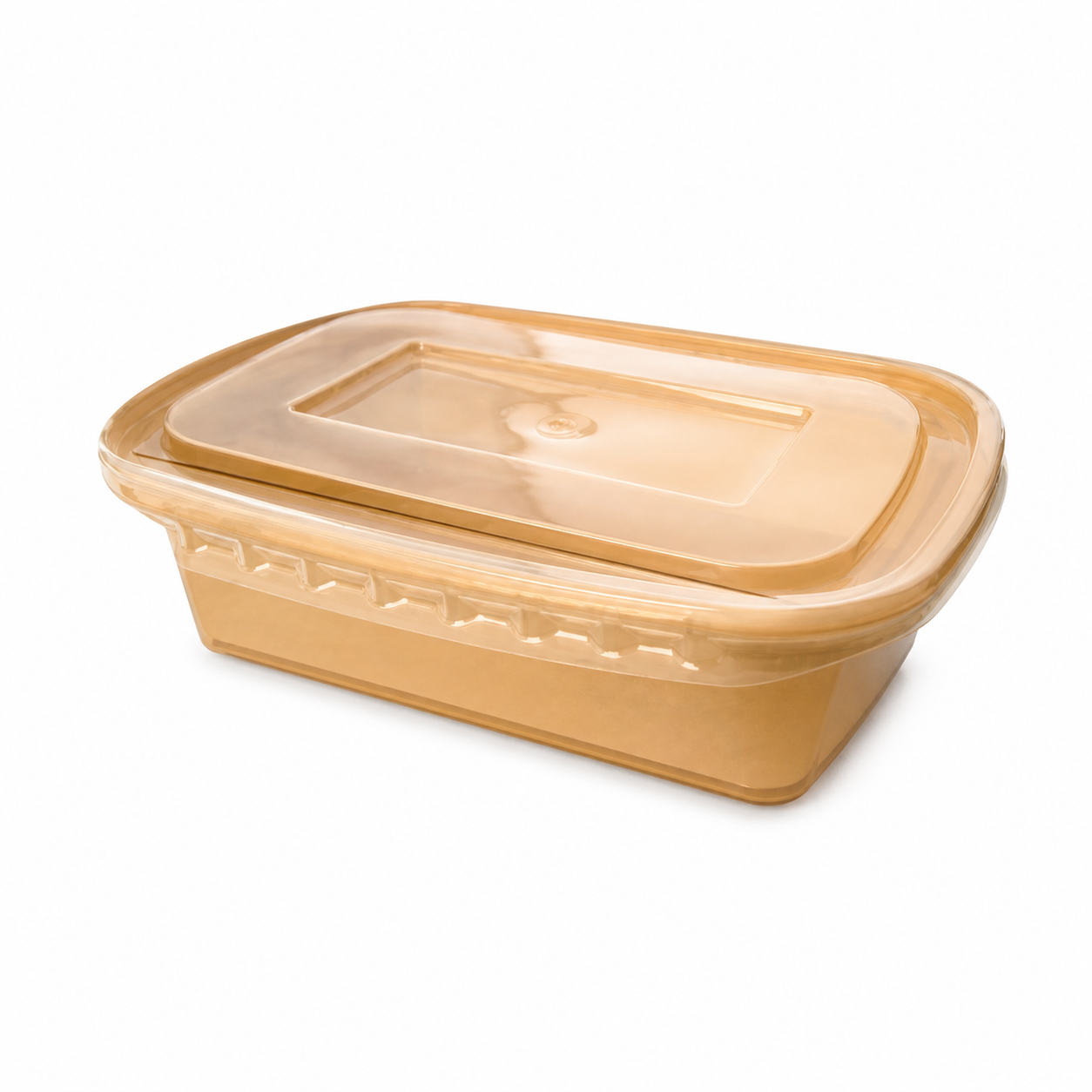 Single lidded rectangular food container centered on a white background
