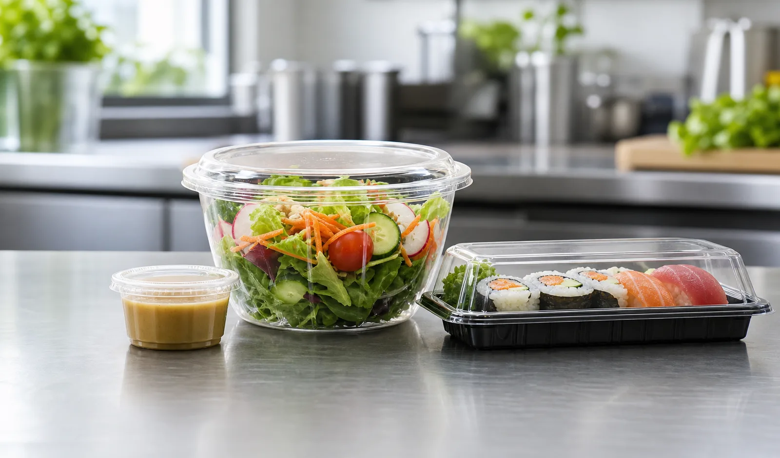 Unbranded clear-lidded salad bowl, sushi tray and dressing cup on a prep counter