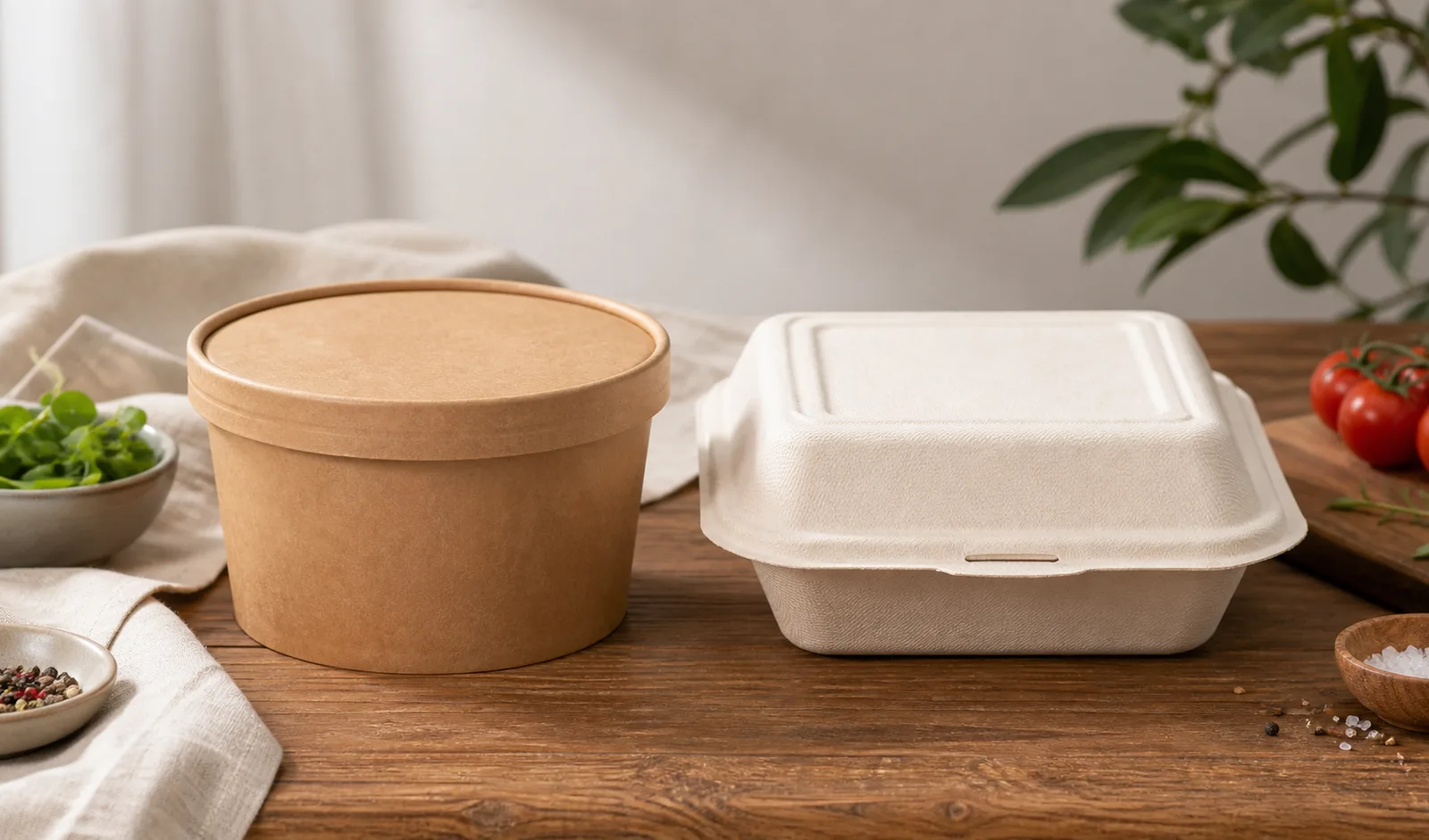 Unbranded kraft paper bowl and natural fiber food container on a wooden table