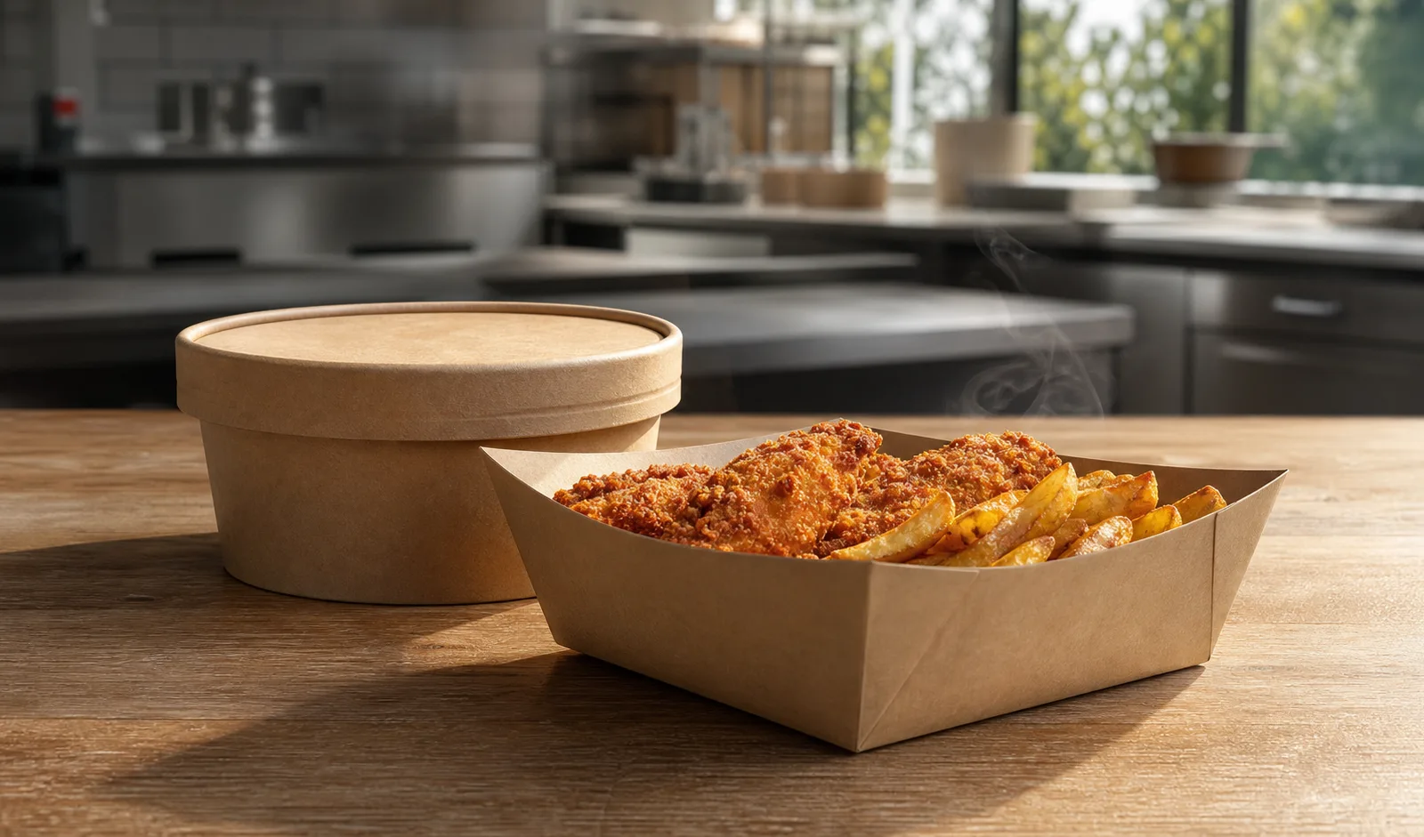 Unbranded lidded paper bowl and food tray with a hot meal on a counter