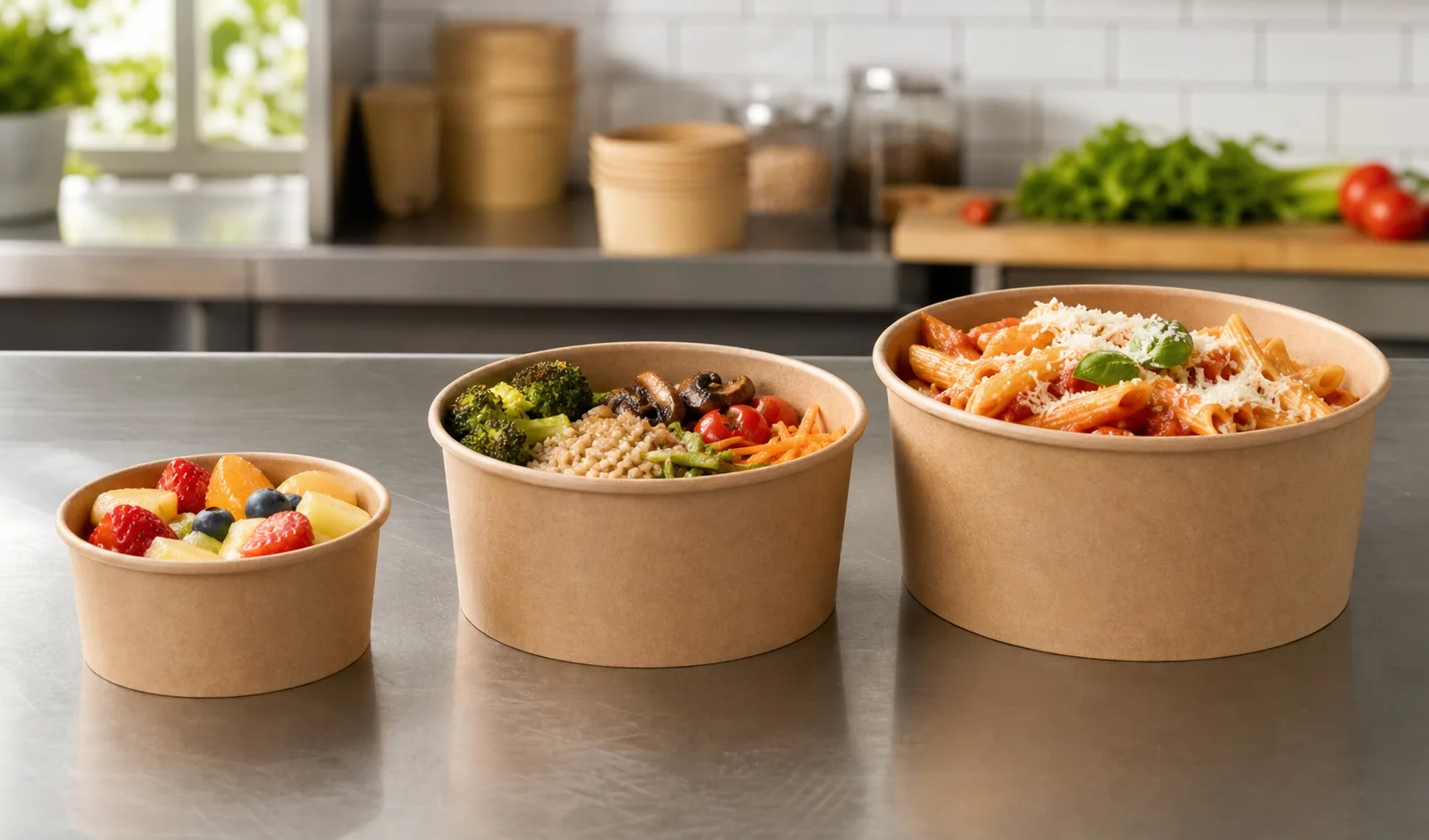 Three unbranded food bowls in small, medium and large sizes on a prep counter