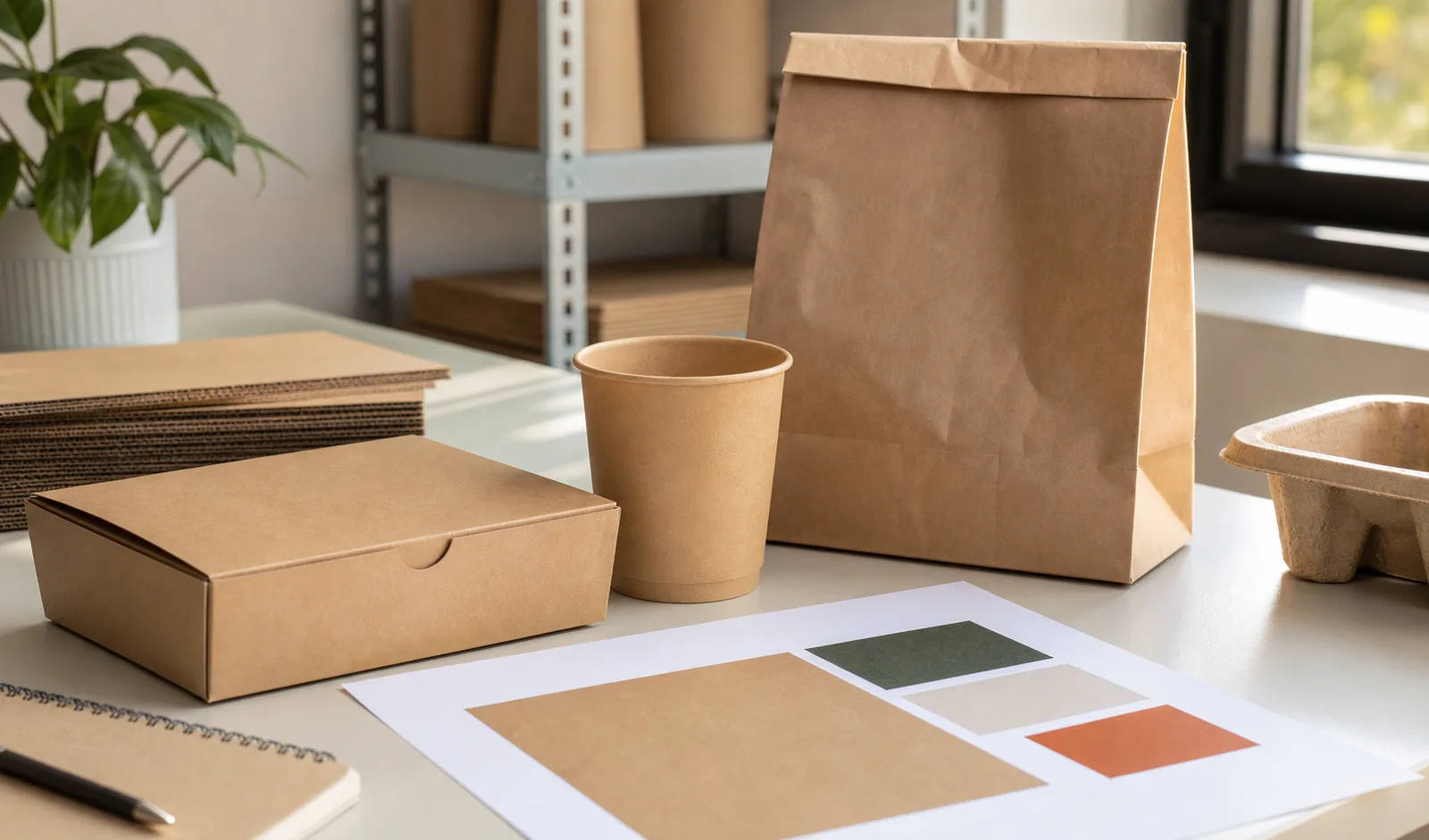 Unbranded kraft packaging samples and an abstract artwork approval sheet on a desk