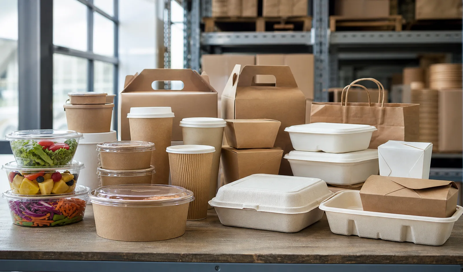 Unbranded foodservice packaging formats grouped on a warehouse table