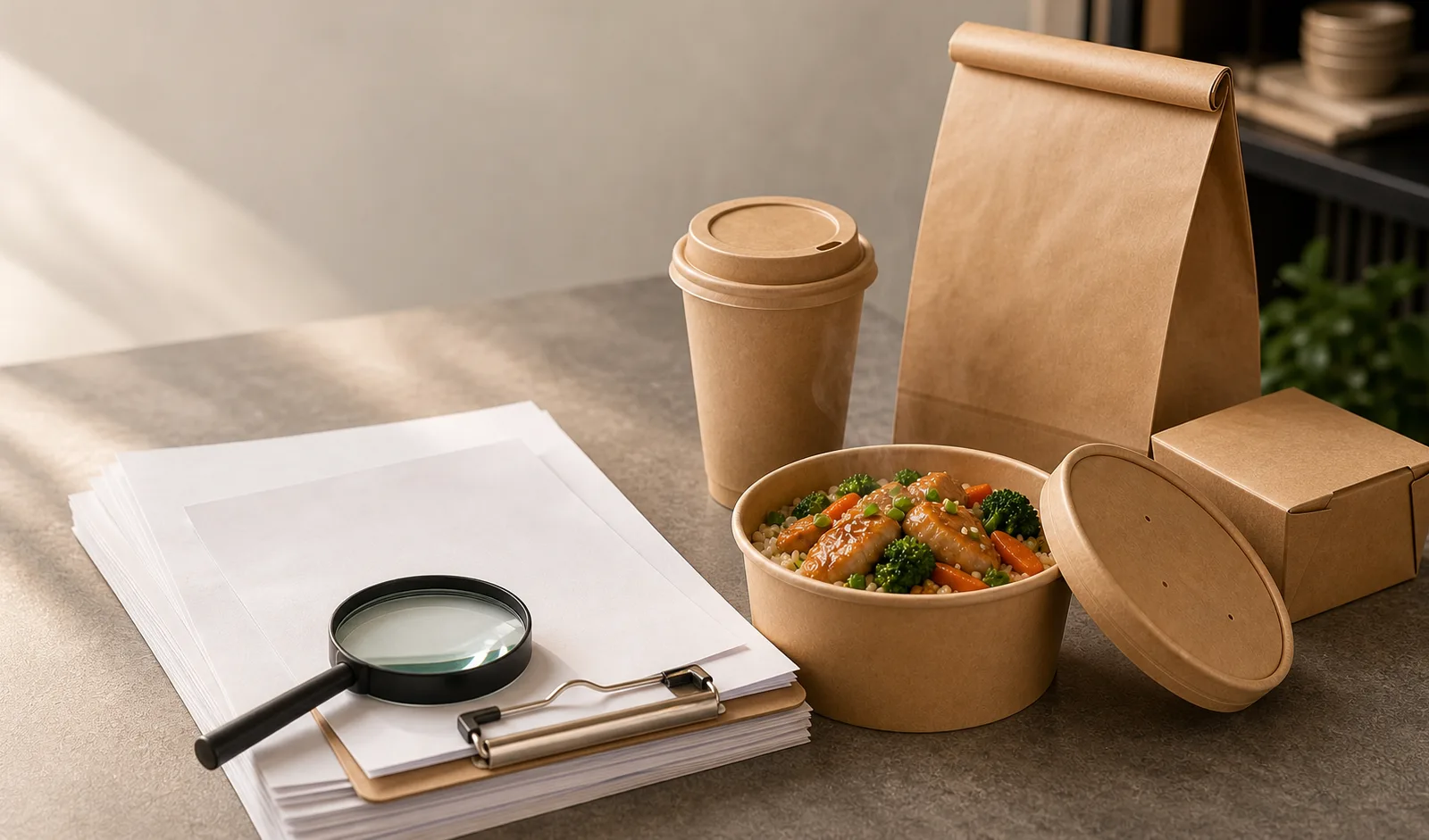 Foodservice buyer reviewing a paper cup, lid, product specification sheet and laboratory report on a worktable