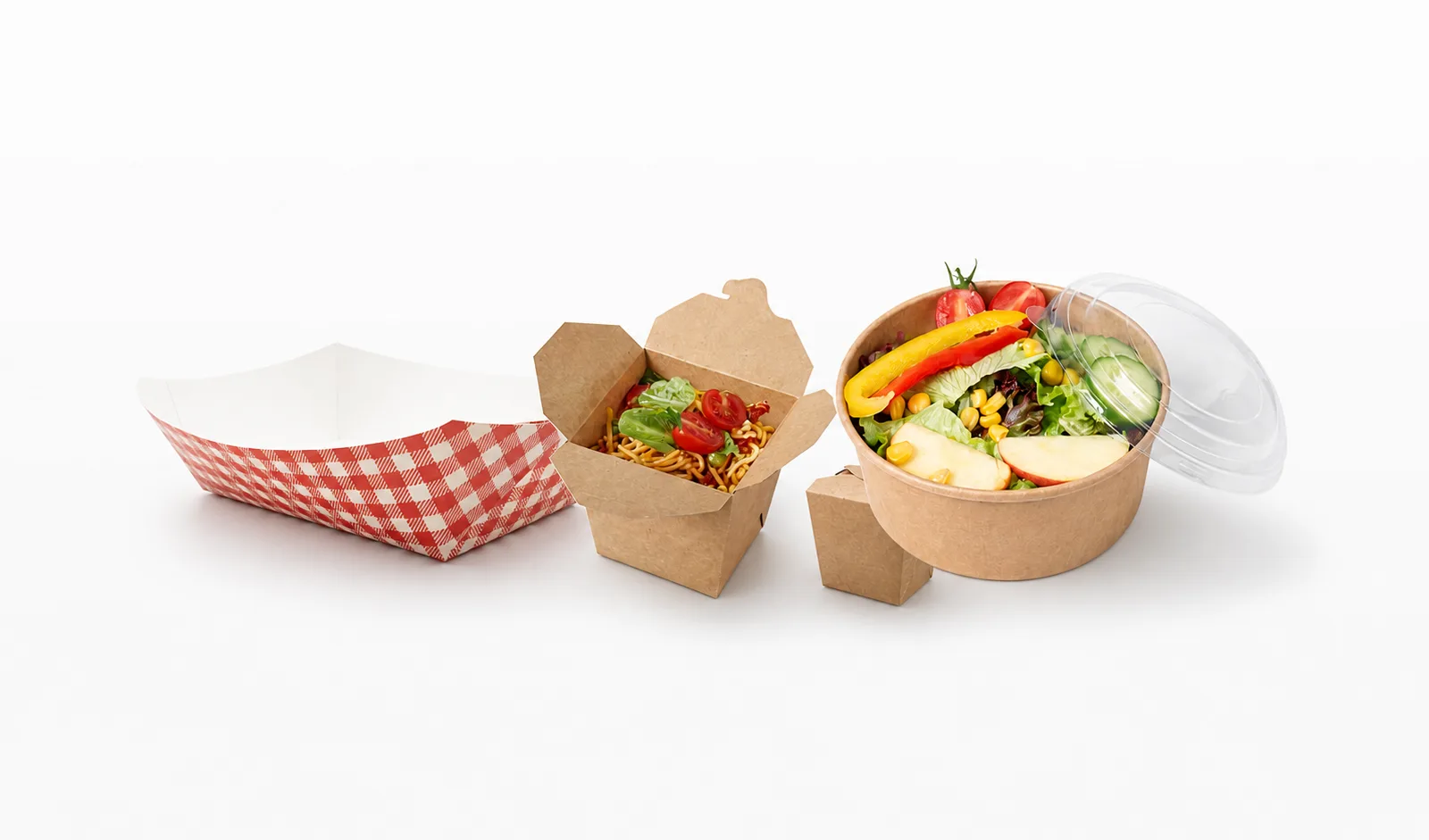 Kraft food tray, noodle box, and salad bowl with lid, centred on a white background