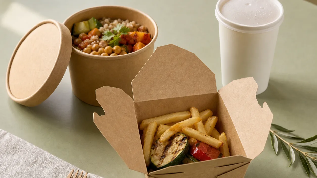 Kraft takeaway box, paper bowl, and paper cup arranged centrally on a table