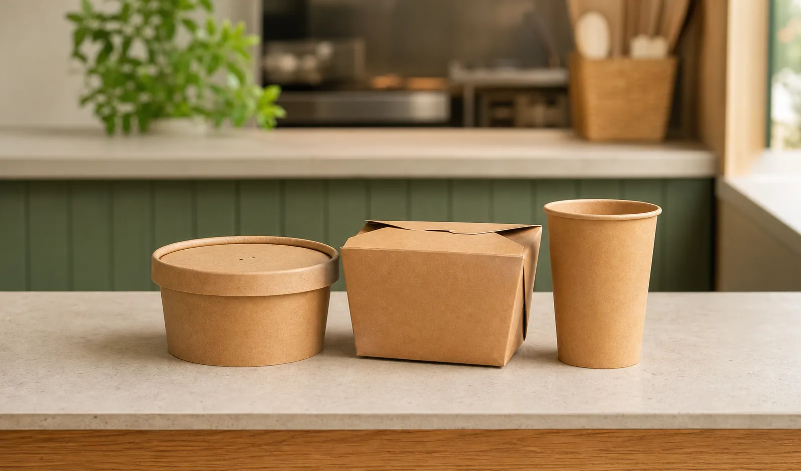 Unbranded kraft paper bowl, takeaway box and paper cup grouped on a restaurant pickup counter
