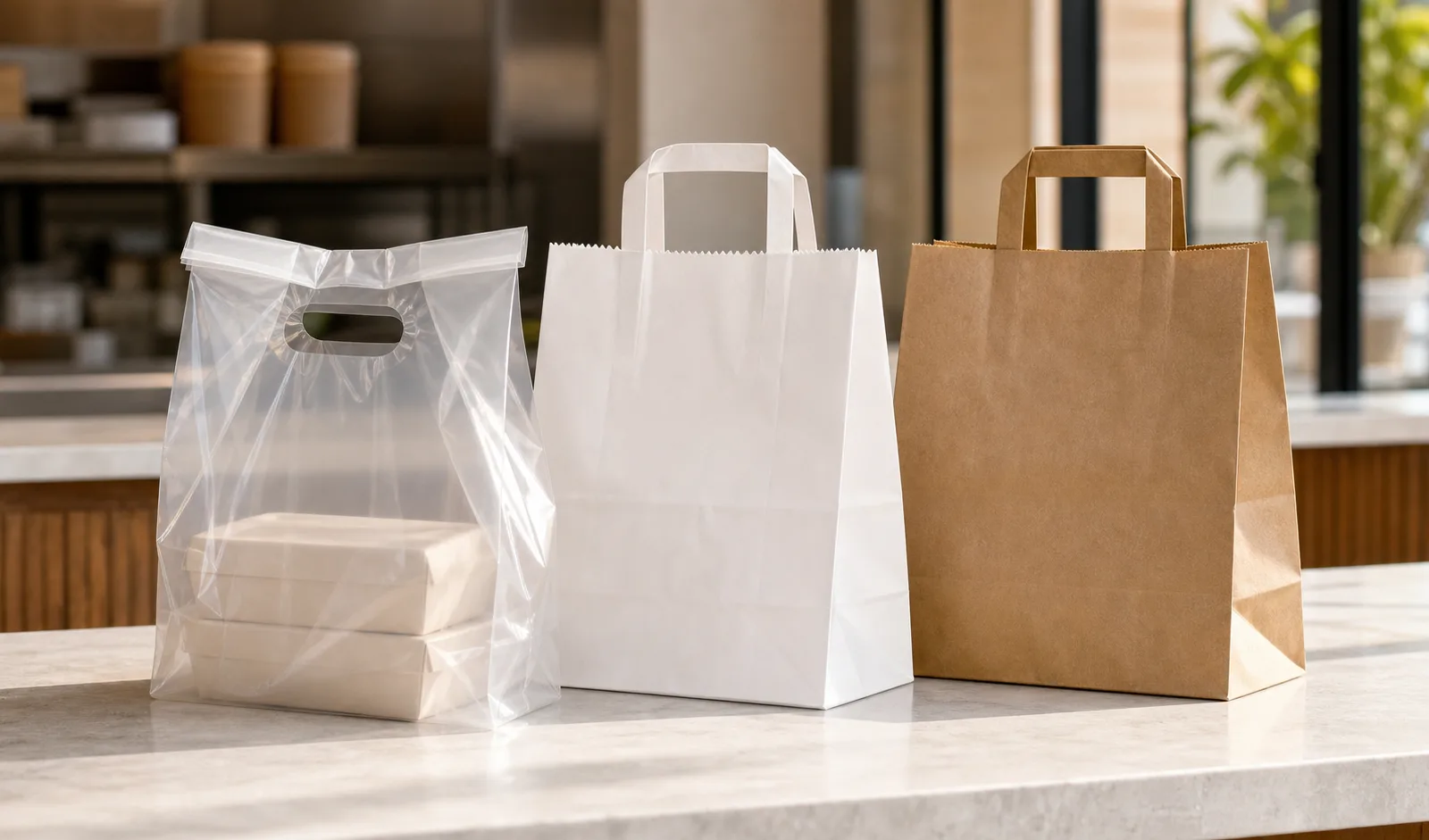 Three unbranded foodservice carry bags arranged centrally on a counter