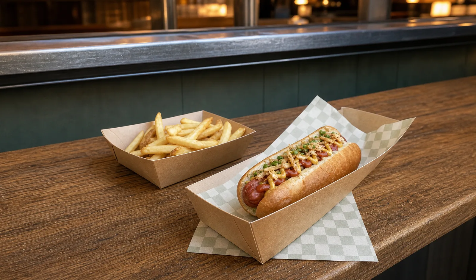 Unbranded kraft paper food trays holding a hot dog and fries, centred on a restaurant counter