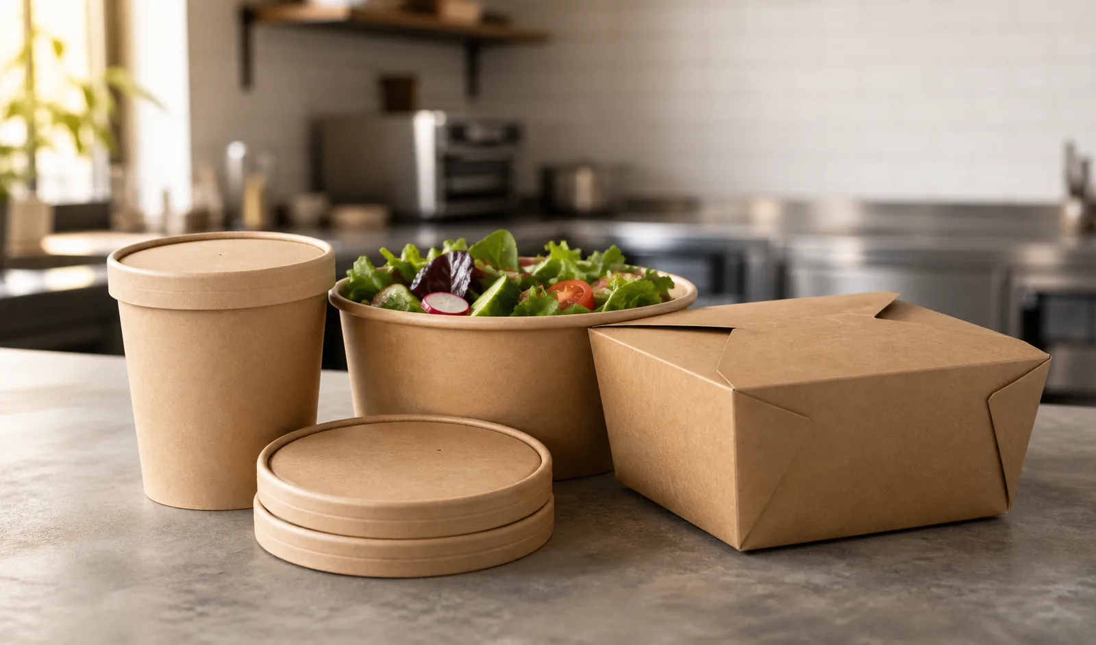 Kraft paper soup cup, salad bowl, takeaway box, and matching lids arranged on a foodservice worktop
