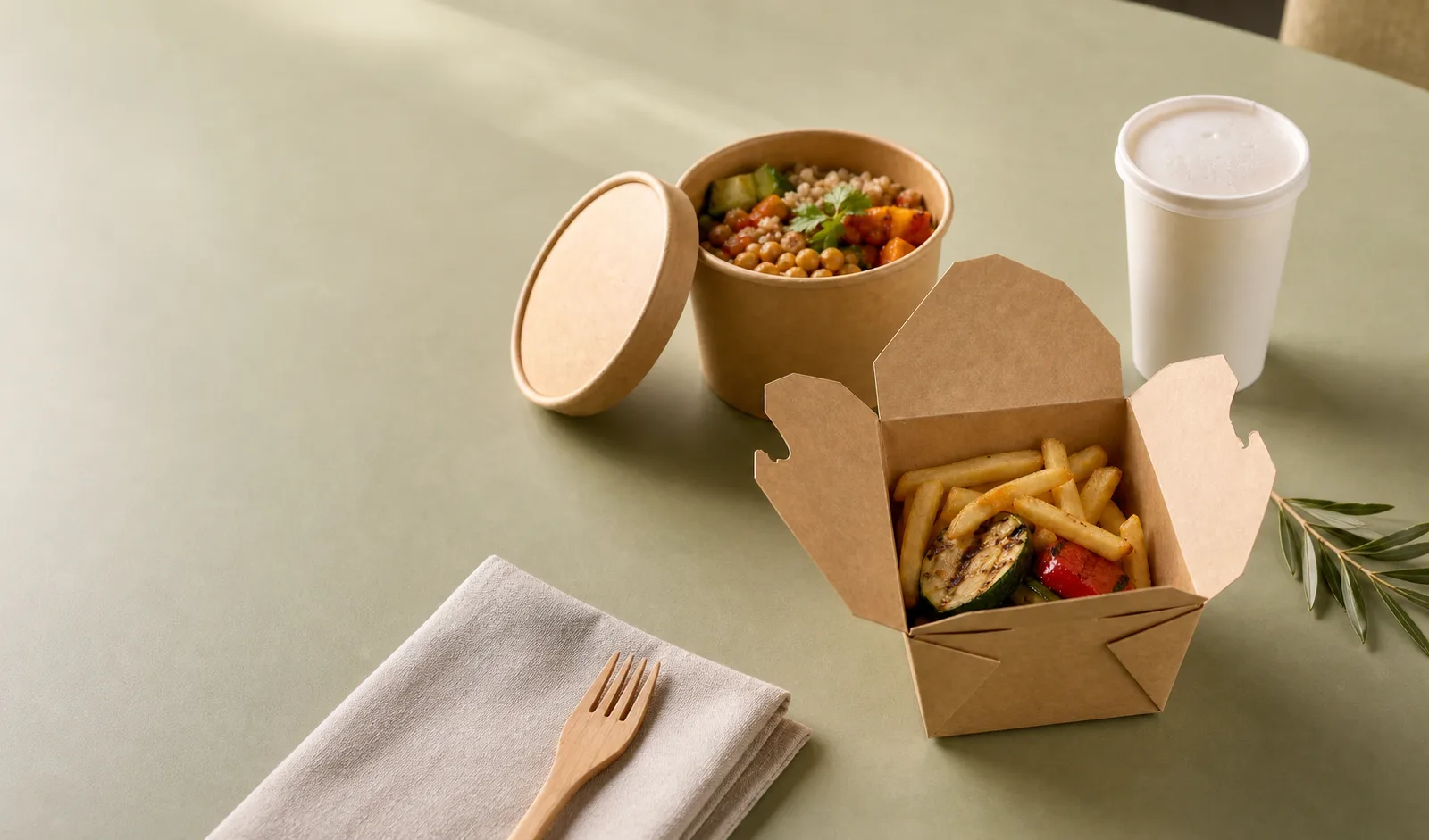 Kraft takeaway box, paper bowl and drink cup arranged on an olive-green table