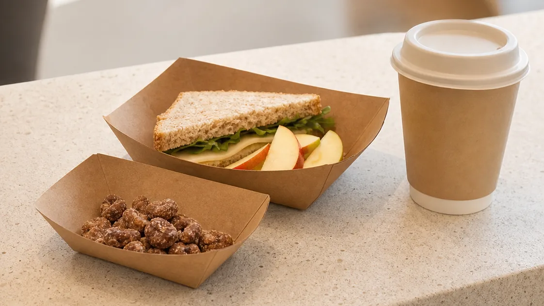 Kraft paper boats with a sandwich and snack bites beside a paper cup on a café counter