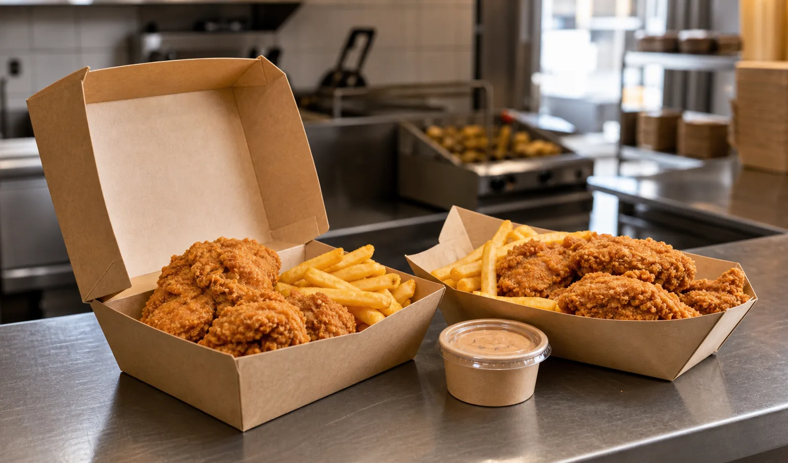 Unbranded kraft food trays with fried chicken and fries on a takeaway kitchen counter
