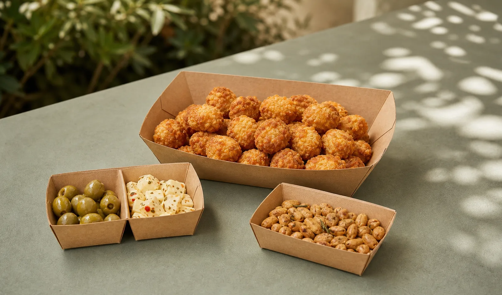 Unbranded kraft food trays with prepared food arranged as a complete packaging assortment on a green tabletop