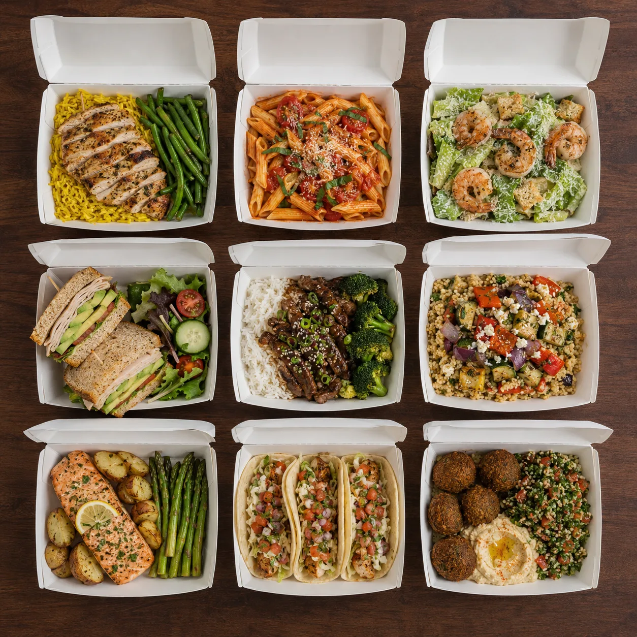 Nine open white foodservice takeout boxes arranged in a three-by-three grid, each holding a different prepared meal