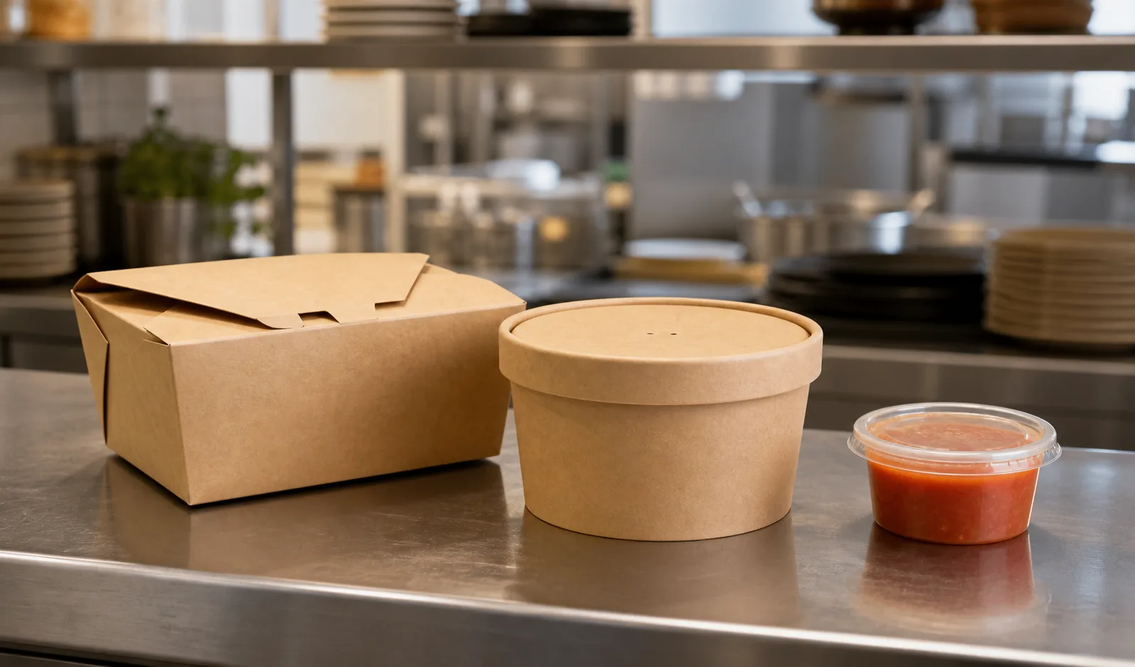 Unbranded kraft takeaway box, lidded soup bowl and sauce cup on a restaurant counter