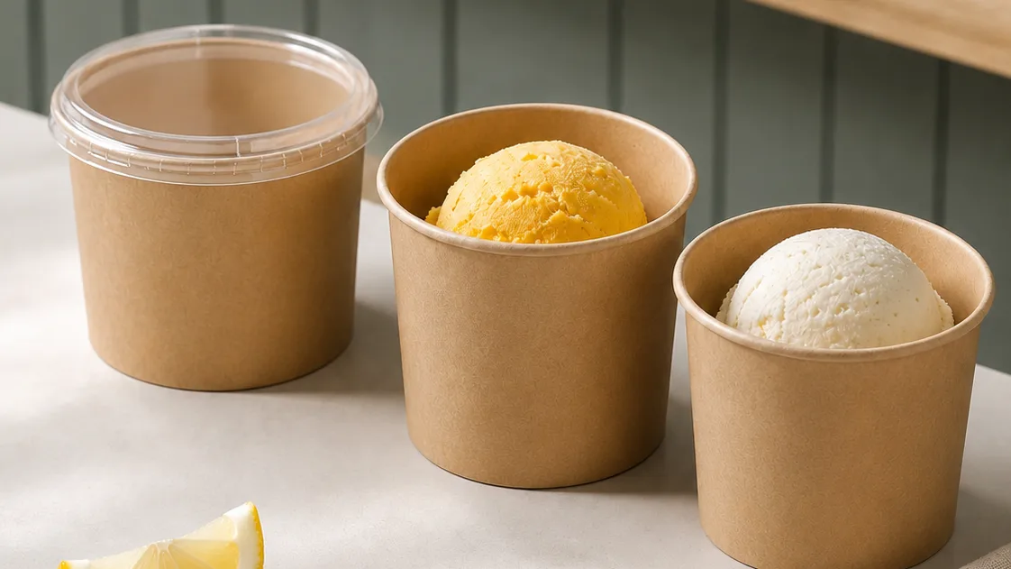 Three unbranded kraft paper food cups arranged centrally on a foodservice counter