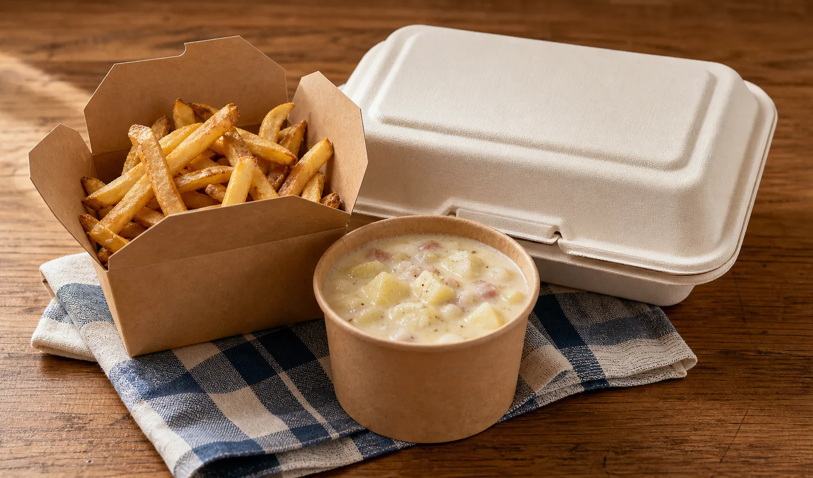 Kraft fries box, creamy soup cup, and molded-fiber takeaway container on a wooden table