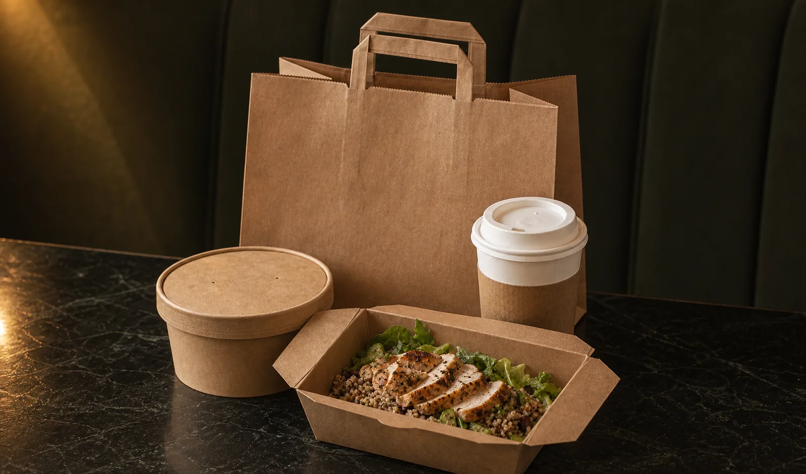 Kraft paper bag, food box, lidded bowl and paper cup arranged on a dark tabletop