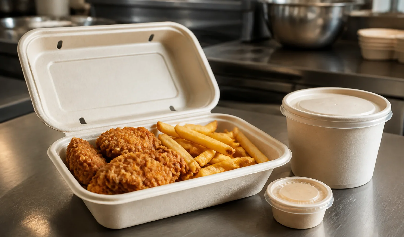 Vented fiber clamshell with fried chicken and fries beside sealed soup and sauce containers on a kitchen counter