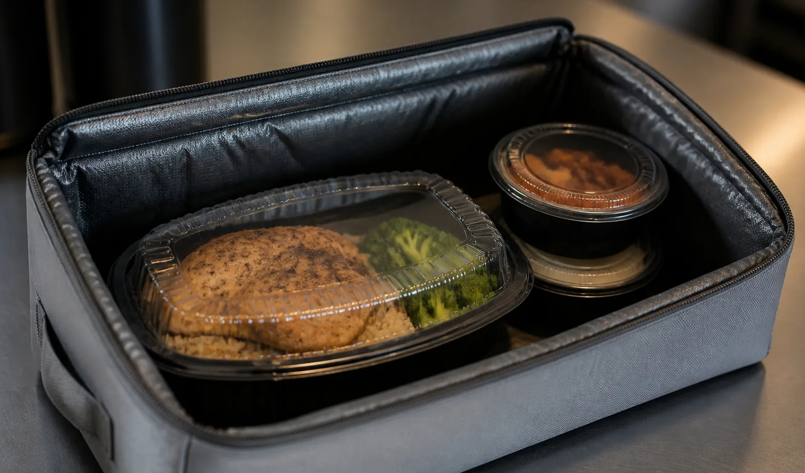 Lidded entrée, side container, and dedicated sauce cup arranged inside an insulated delivery bag