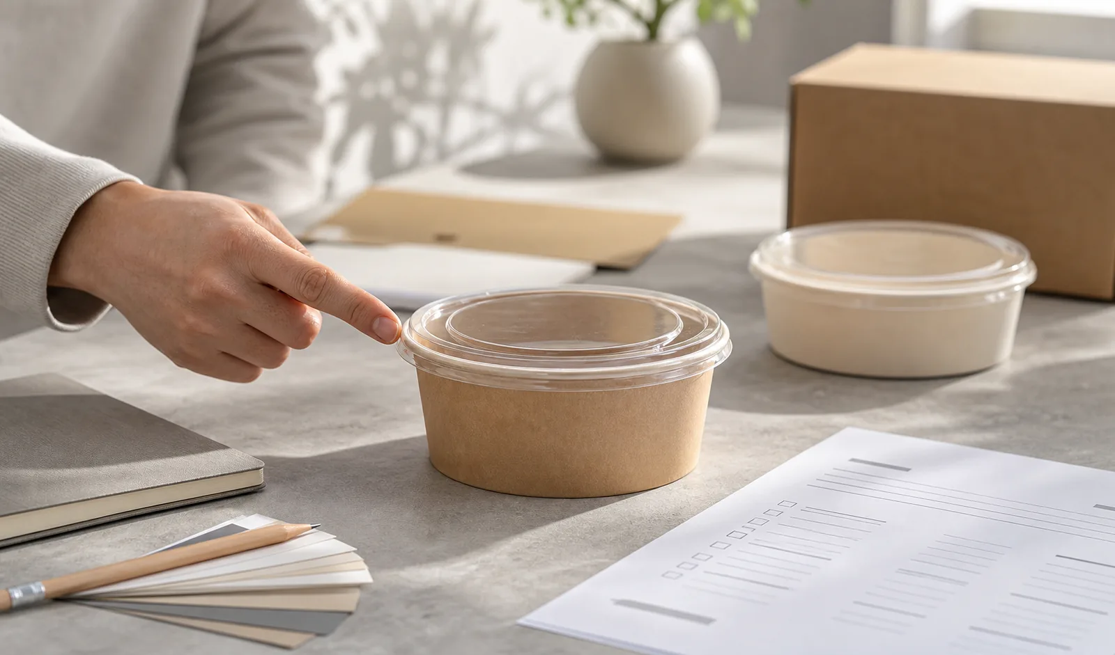 Buyer confirming an exact kraft bowl-and-lid supply offer beside a separately identified alternative