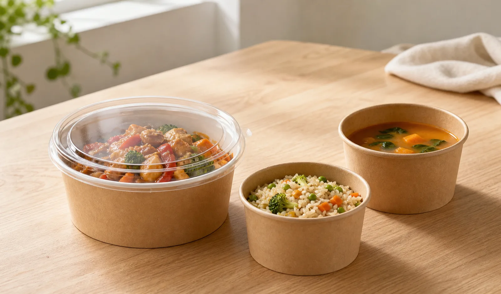Unbranded kraft takeaway bowls with a fitted lid holding saucy, dry, and liquid hot foods on a wooden table