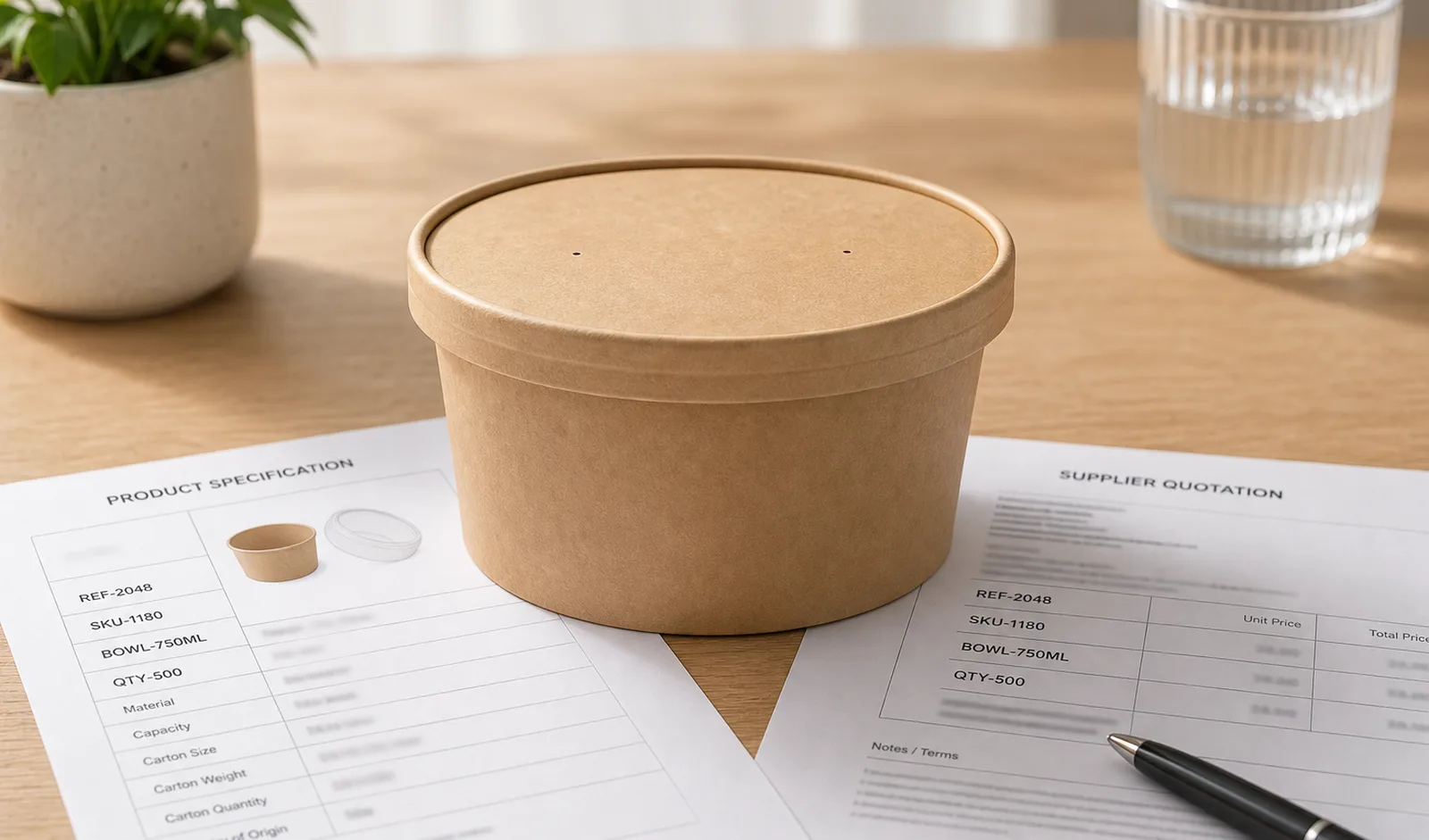 Kraft hot-food bowl over matching supplier quotation and product specification records