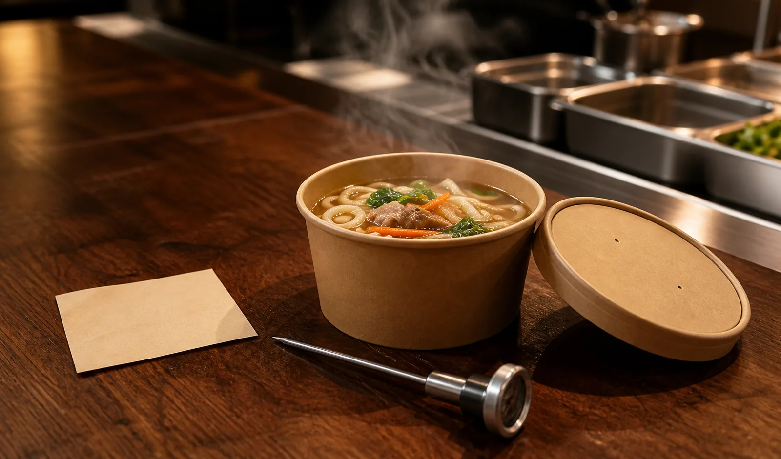 Unbranded kraft takeaway bowl of steaming noodles beside a fitted lid and probe thermometer on a restaurant worktop