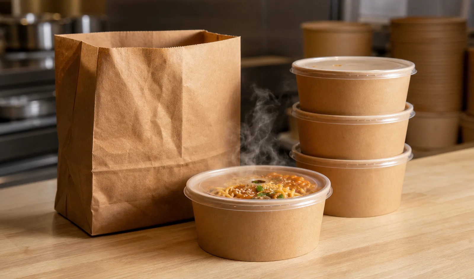Unbranded kraft takeaway bowl with a fitted lid beside stacked closed bowls and an open delivery bag on a restaurant worktop