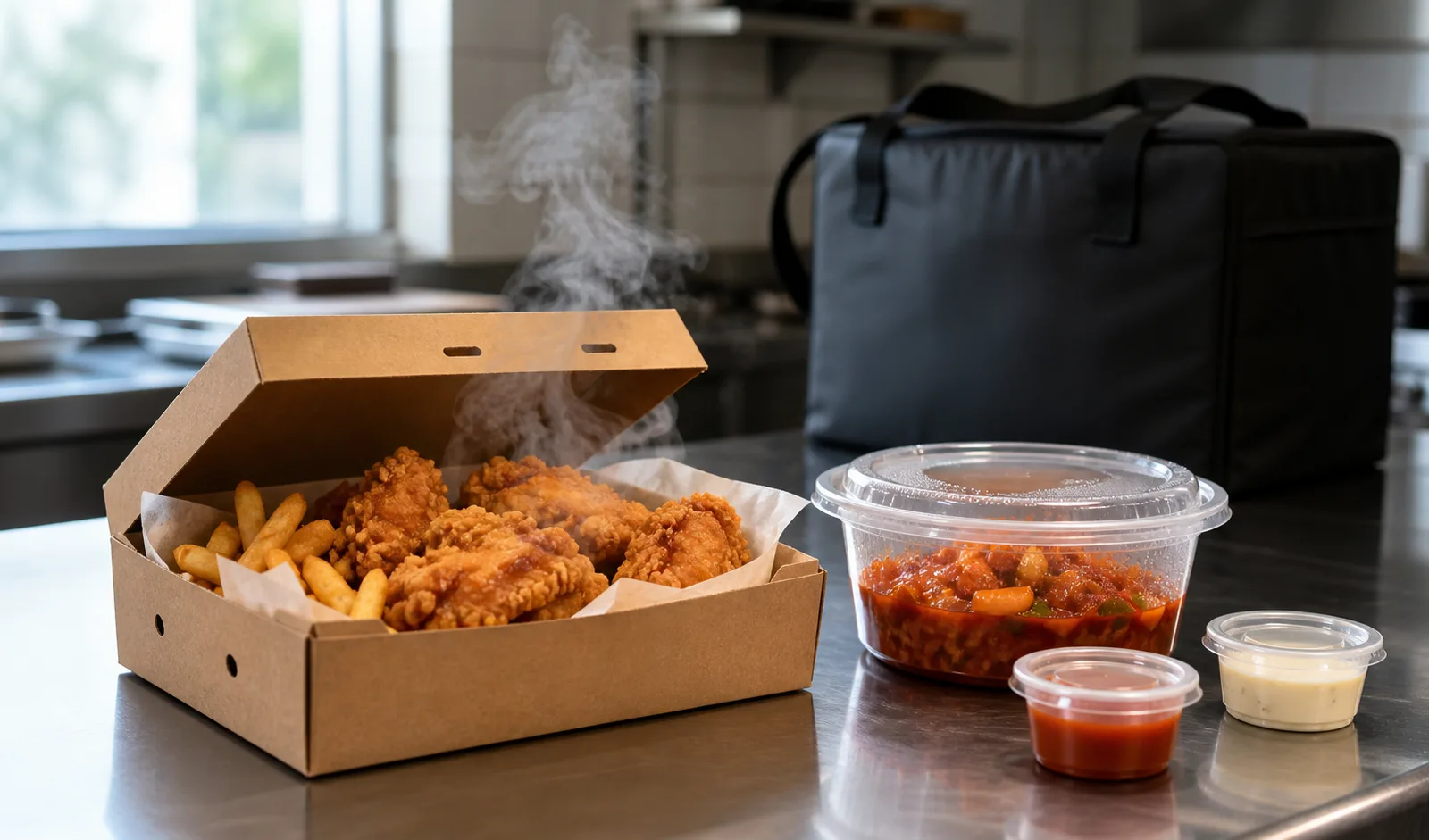 Vented kraft box with fried chicken and fries beside sealed entrée and sauce containers