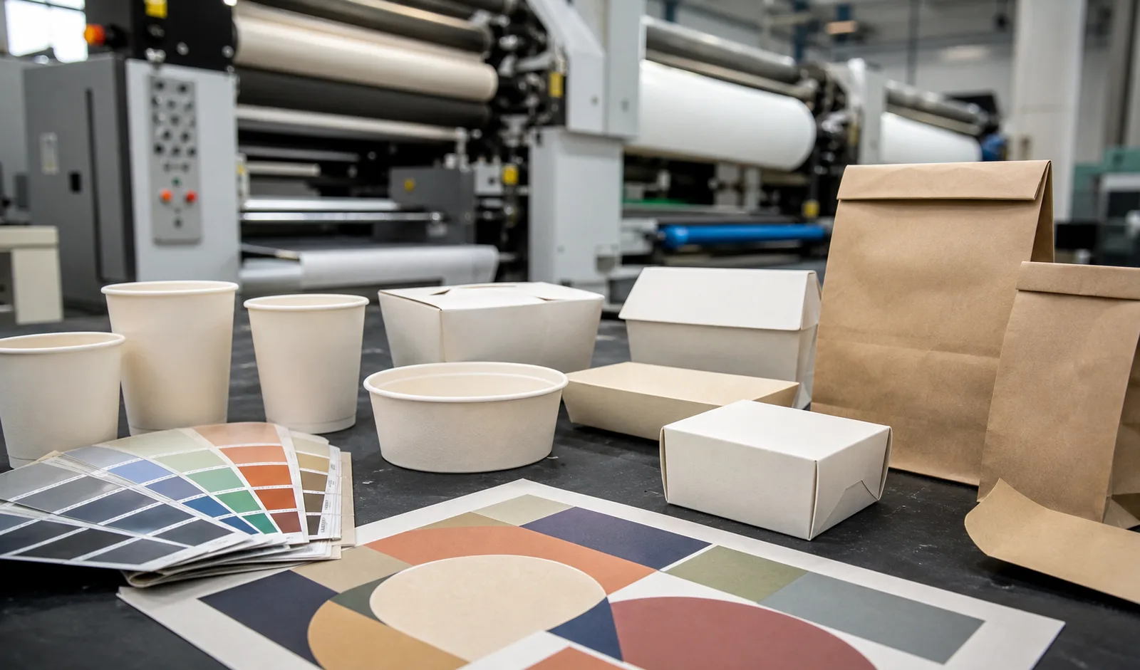 Unbranded food-service packaging and colour swatches arranged beside printing equipment for production review