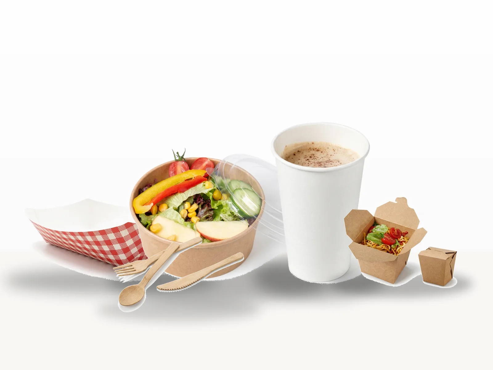 Unbranded takeaway food packaging hero scene arranged centrally on a neutral background